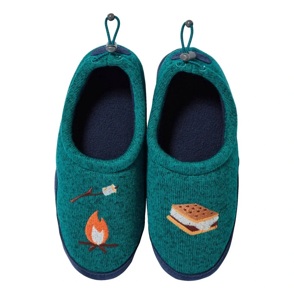 L.L. Bean Sweater Fleece Slippers Kids 5-6 Blue S'mores Motif Embroidered